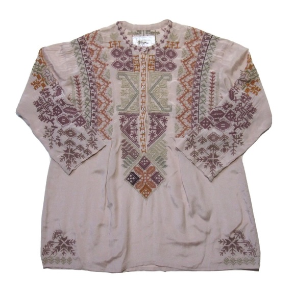 Boys Johnny Was Hayes Blouse in Dusty Pink Embroidered Silk Henley Top S - Picture 1 of 10